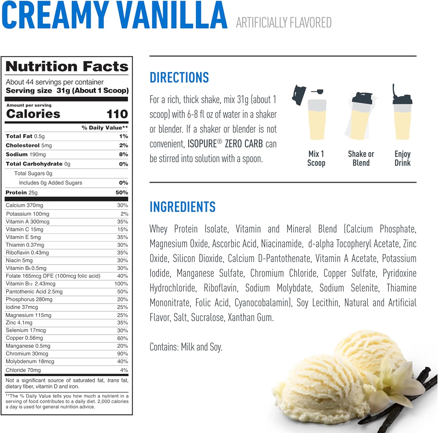 Zero Carb 100% Pure Whey Isolate Protein Powder Vanilla supplement facts label