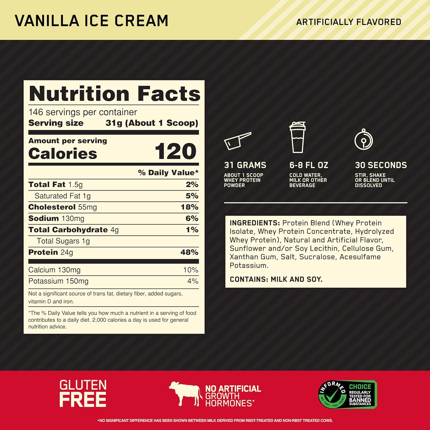 Gold Standard 100% Whey Protein Powder Vanilla Ice Cream supplement facts label