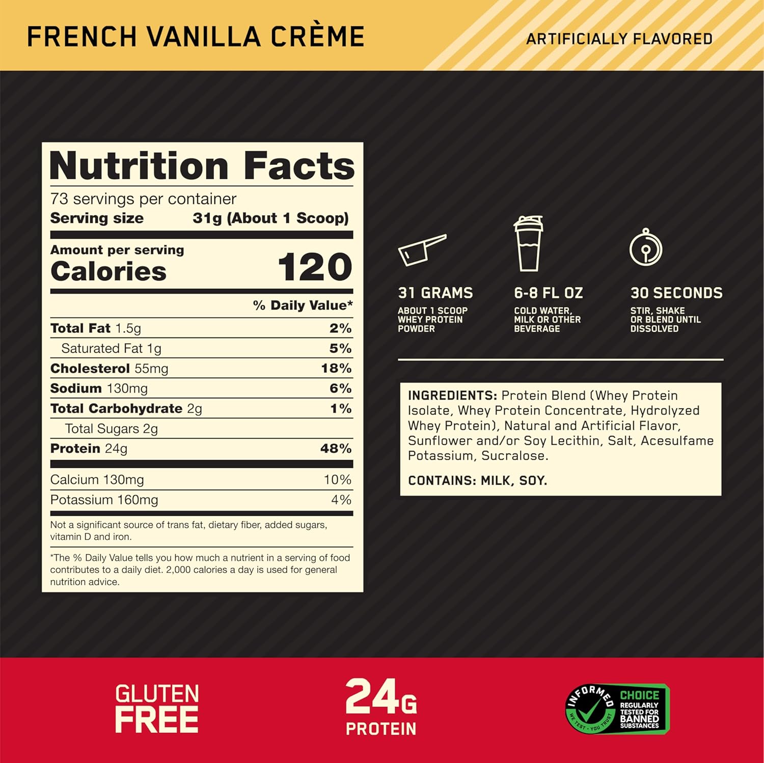 Gold Standard 100% Whey Protein Powder Vanilla supplement facts label