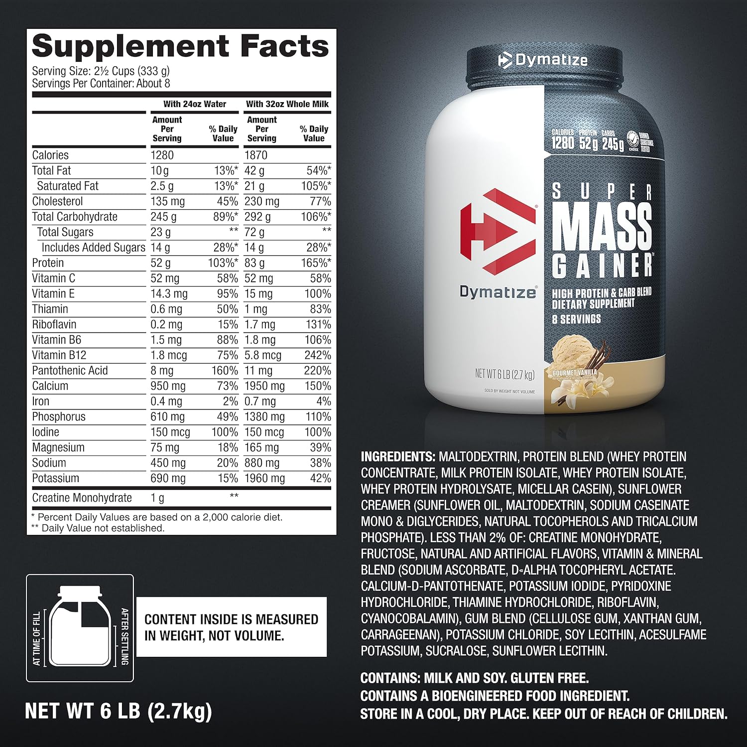 Super Mass Gainer Vanilla supplement facts label