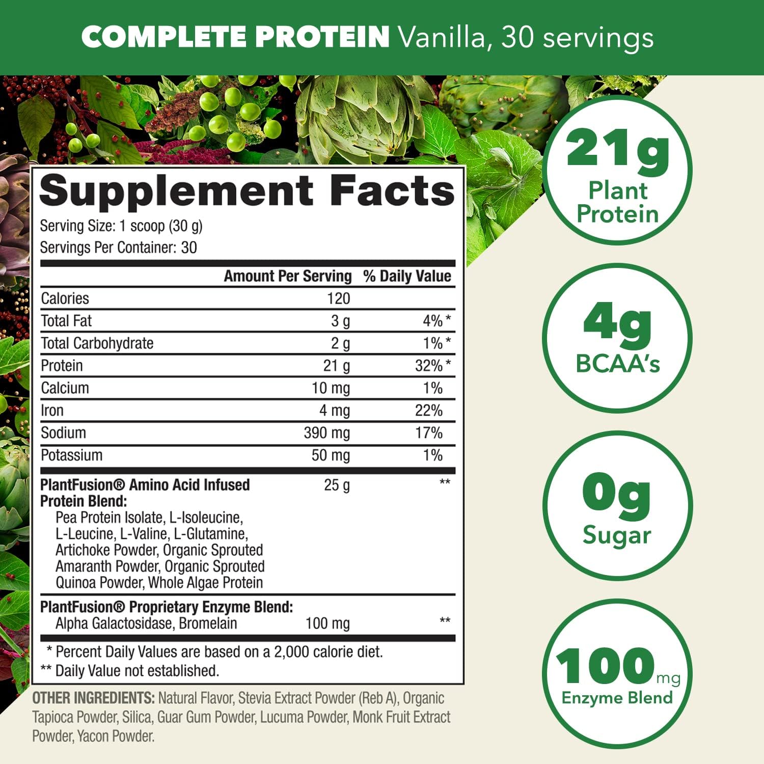 Complete Vegan Protein Powder Vanilla supplement facts label