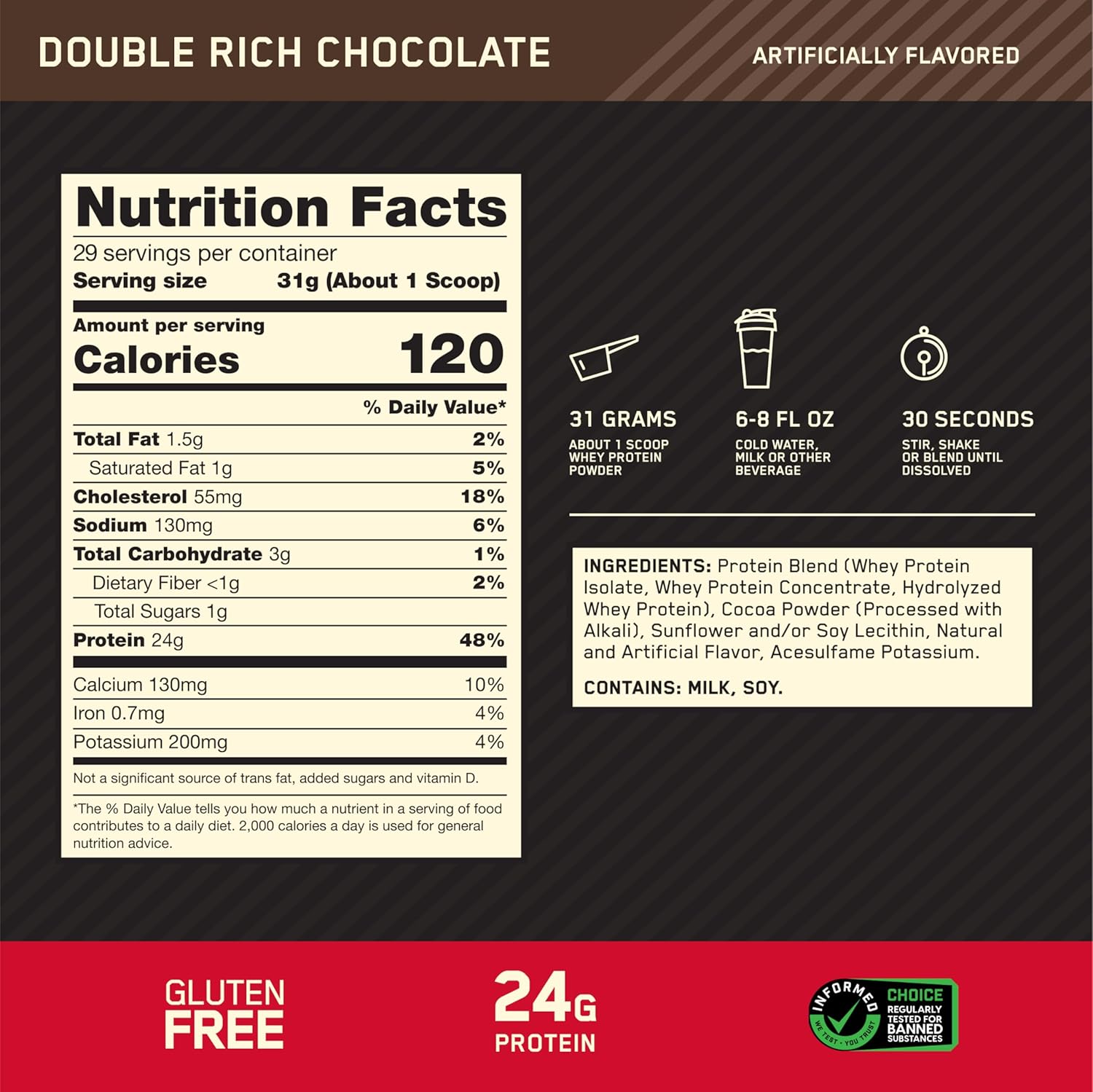 Gold Standard 100% Whey Protein Powder Double Rich Chocolate supplement facts label