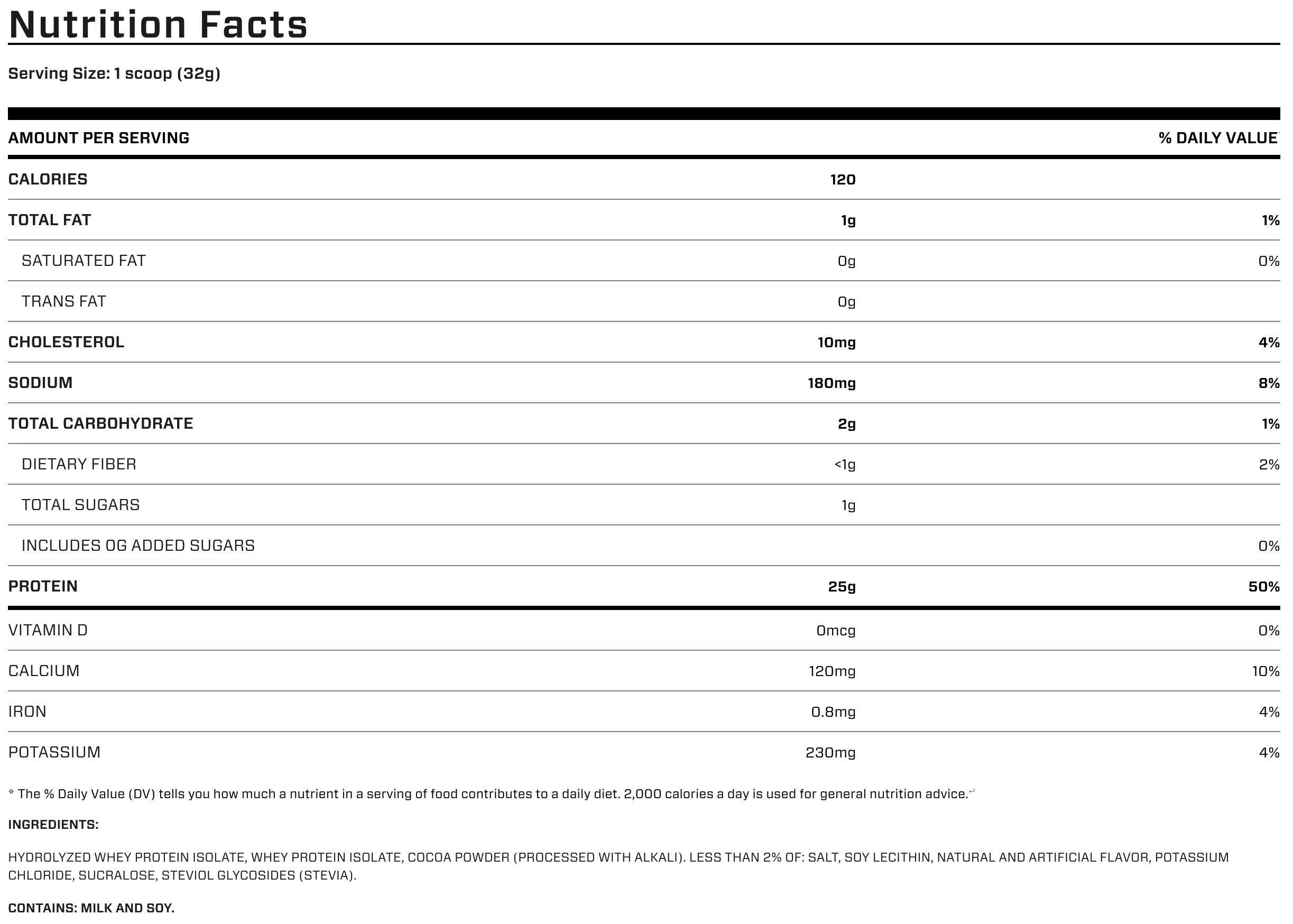 ISO100 Whey Protein Powder Isolate Chocolate supplement facts label