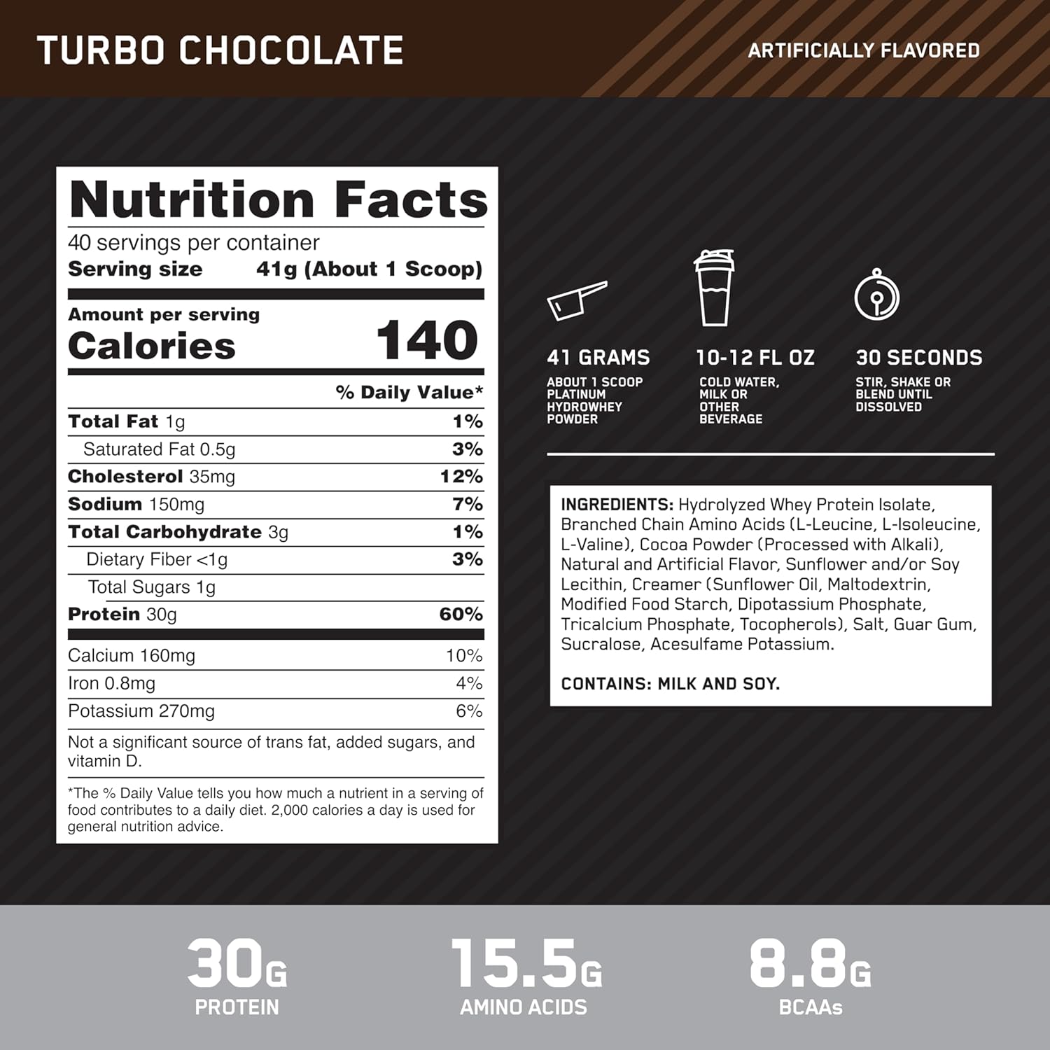 Platinum Hydrowhey Protein Powder Chocolate supplement facts label
