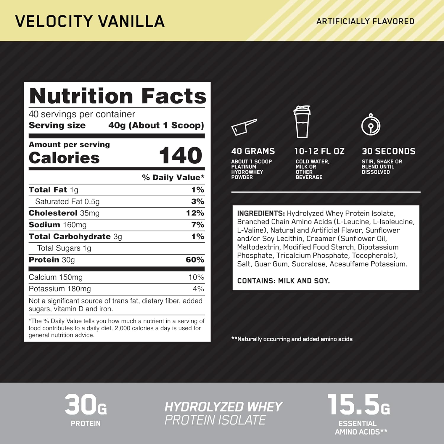 Platinum Hydrowhey Protein Powder Vanilla supplement facts label