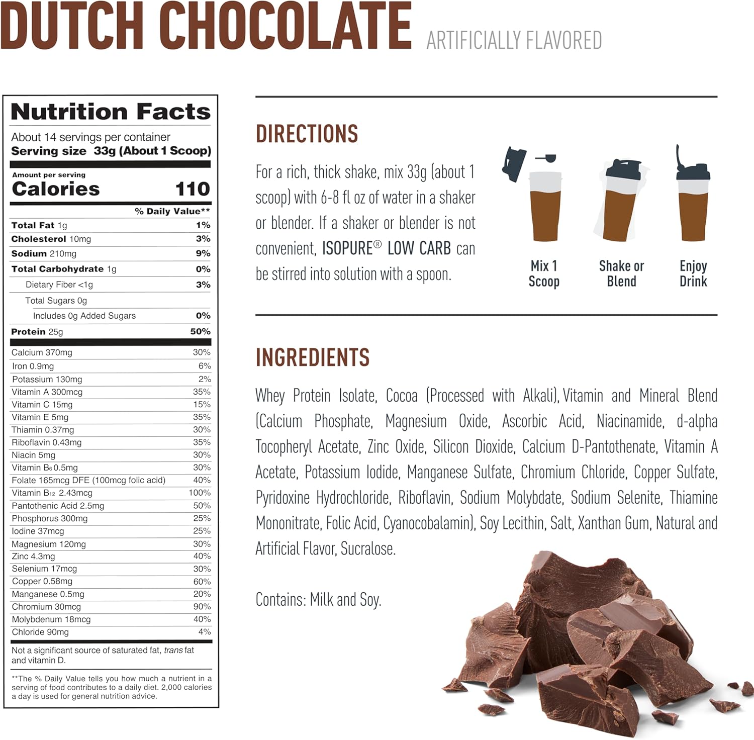 Low Carb Protein Dutch Chocolate supplement facts label