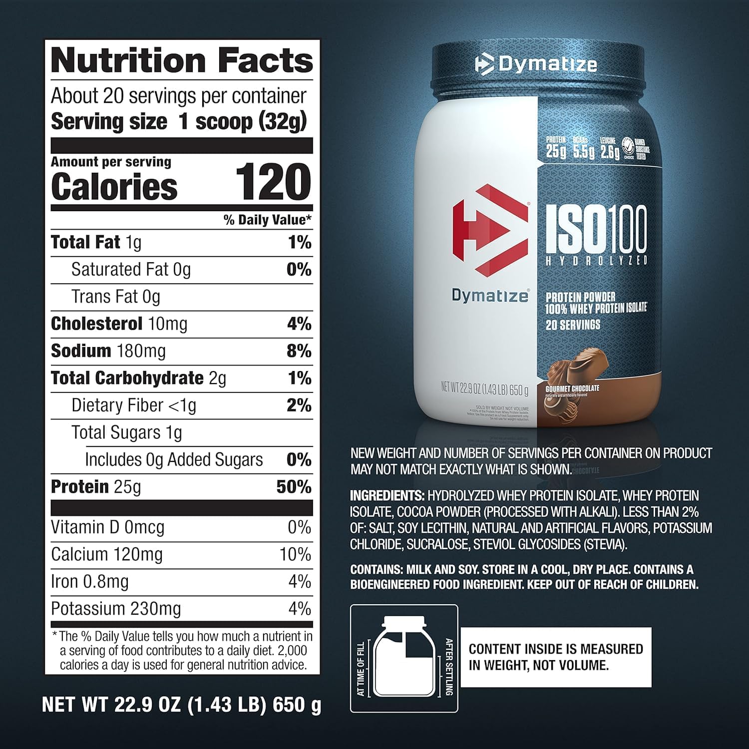 ISO100 Whey Protein Powder Isolate Chocolate supplement facts label