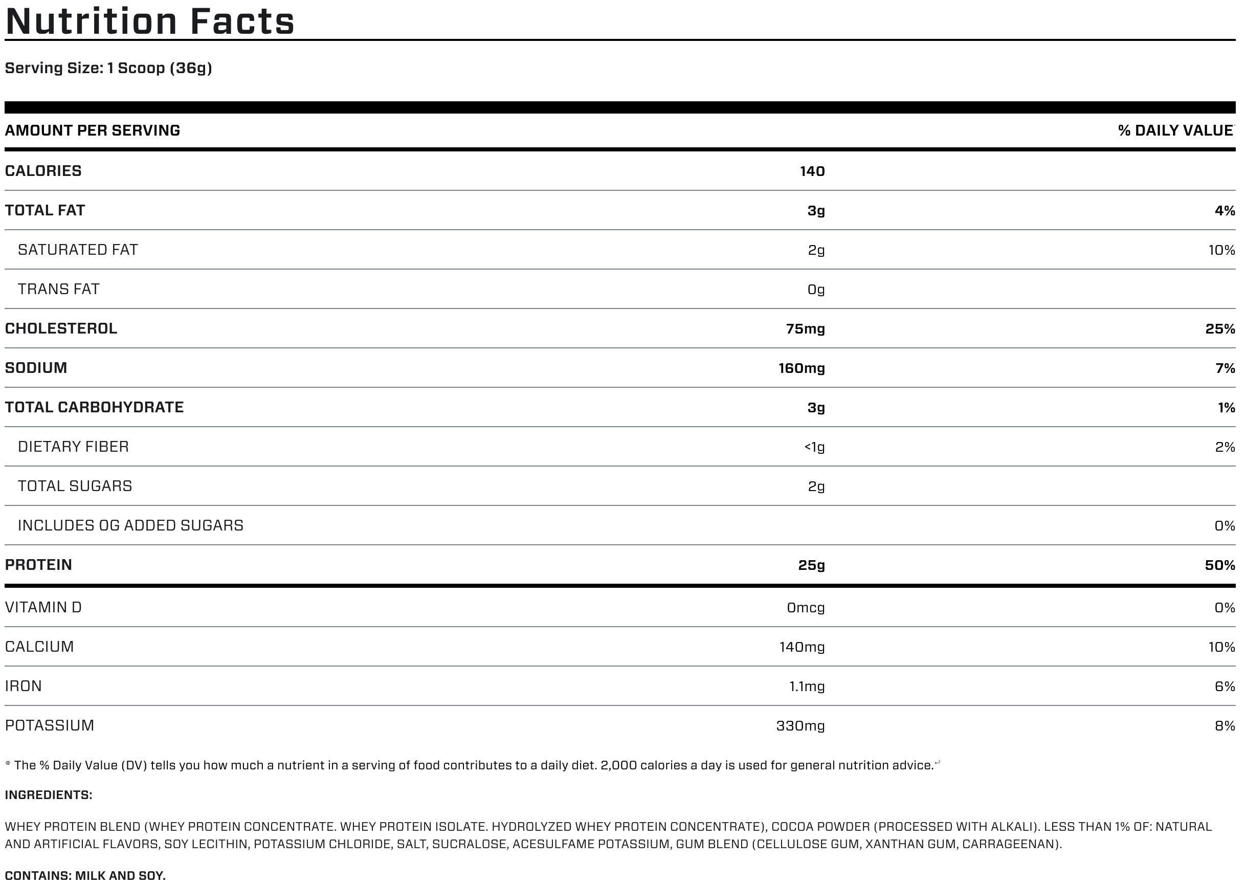 Elite 100% Whey Protein Powder Rich Chocolate supplement facts label