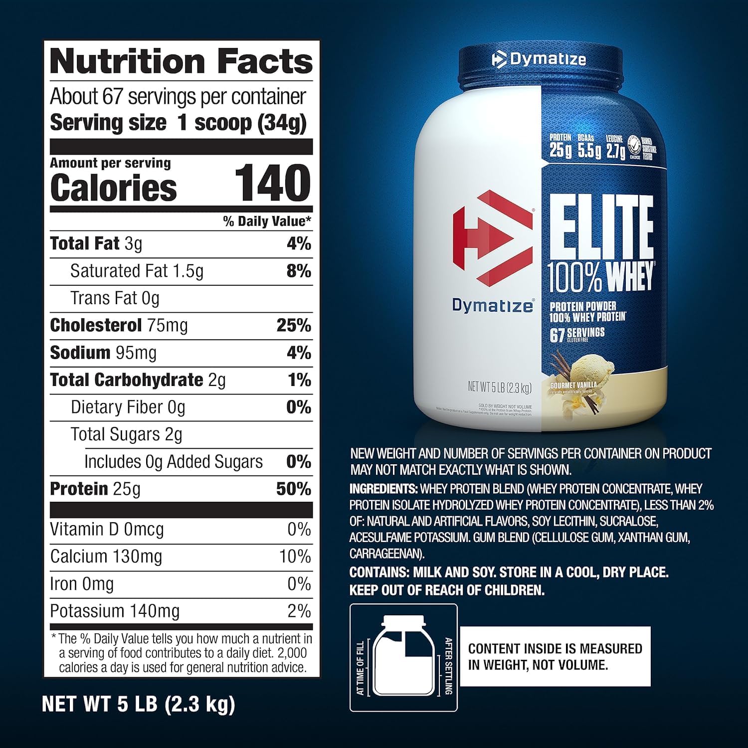 Elite 100% Whey Protein Powder Vanilla supplement facts label