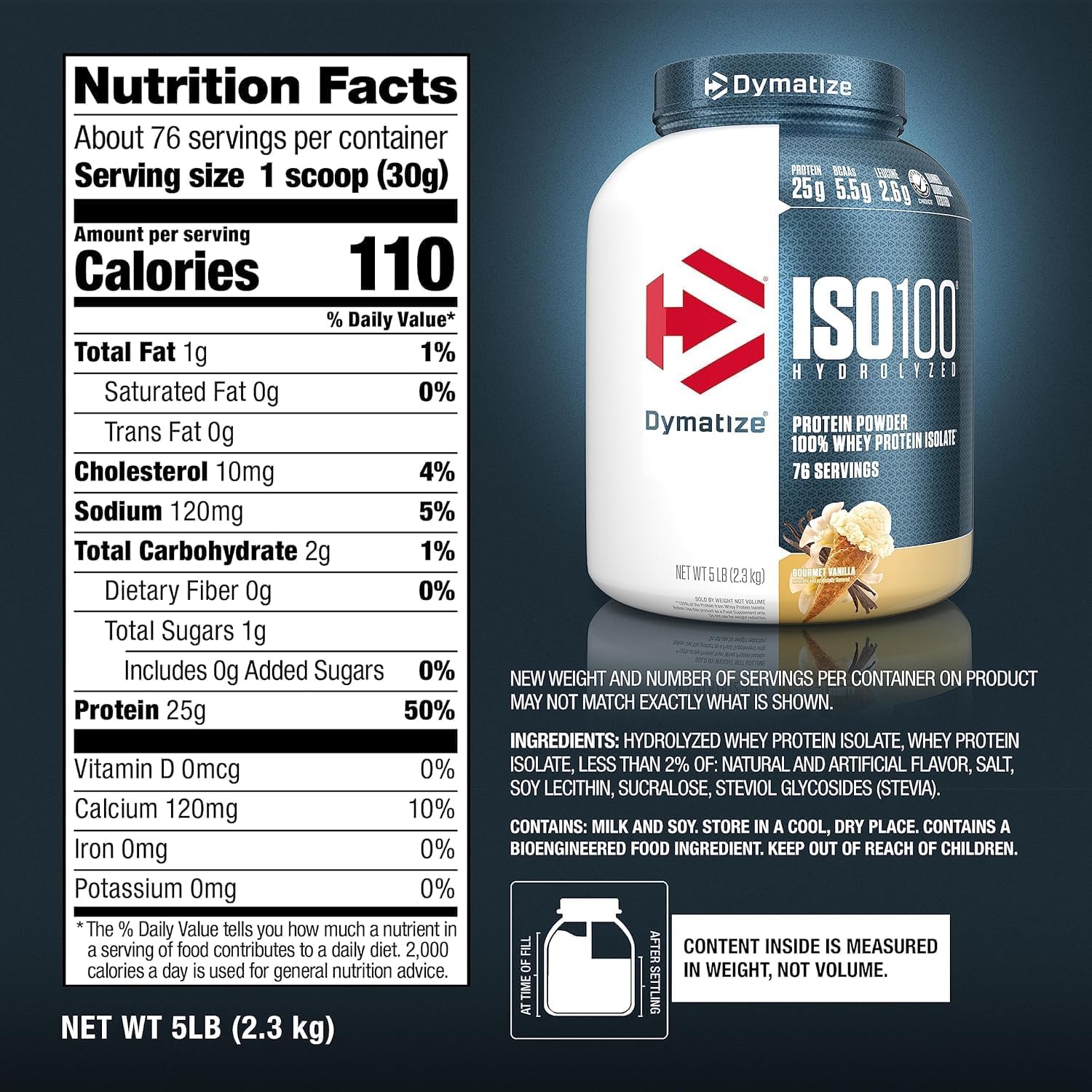 ISO100 Whey Protein Powder Isolate Vanilla supplement facts label