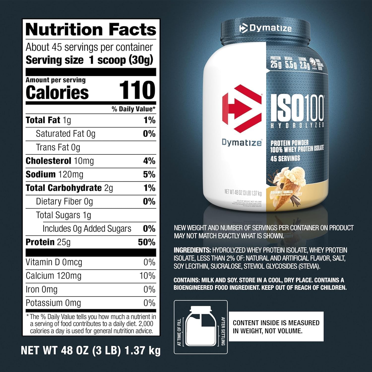 ISO100 Whey Protein Powder Isolate Vanilla supplement facts label