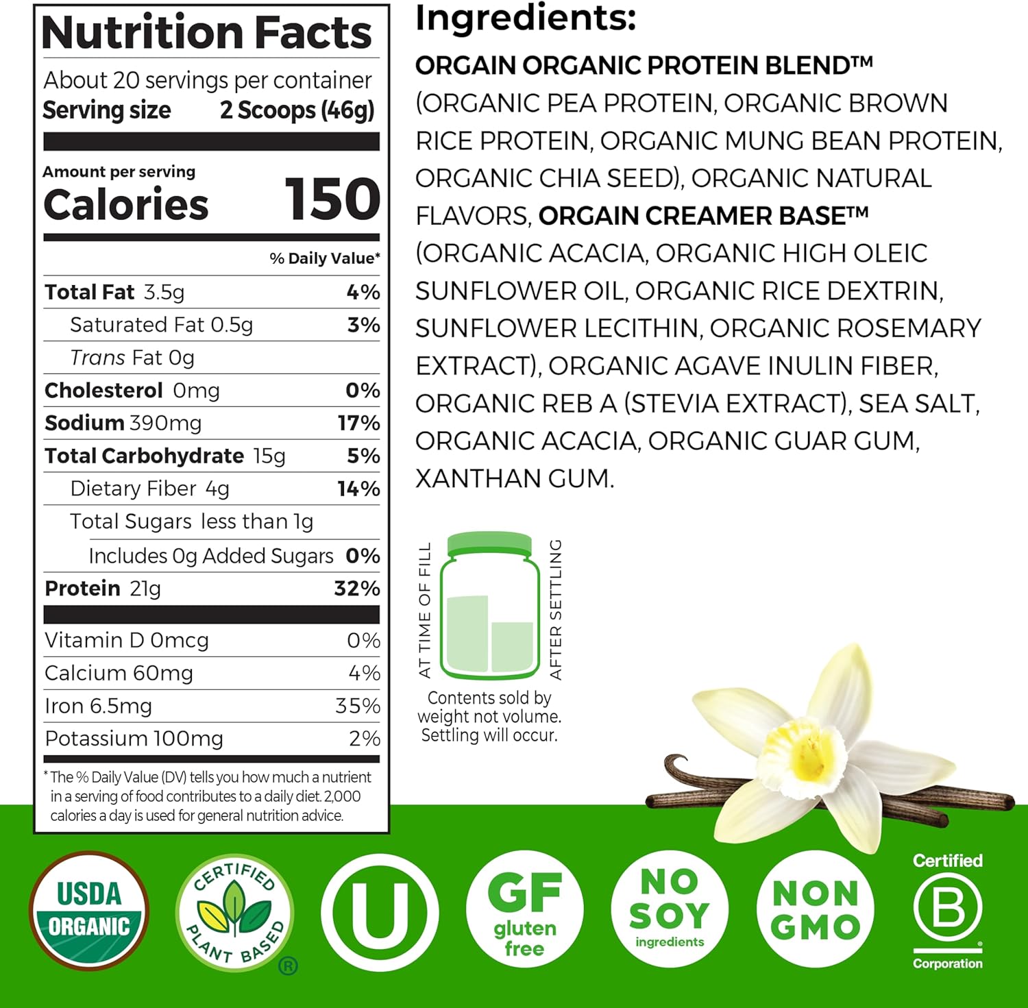 Organic Vegan Protein Powder Vanilla supplement facts label