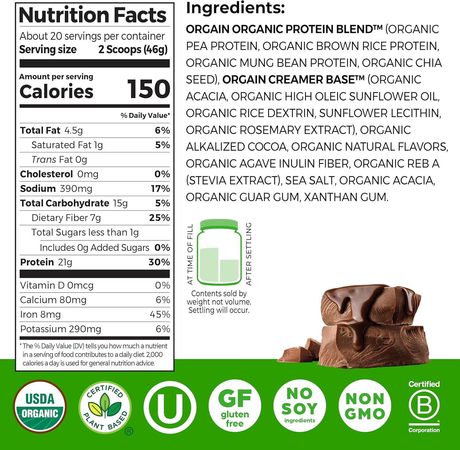 Organic Protein Powder Chocolate Fudge supplement facts label