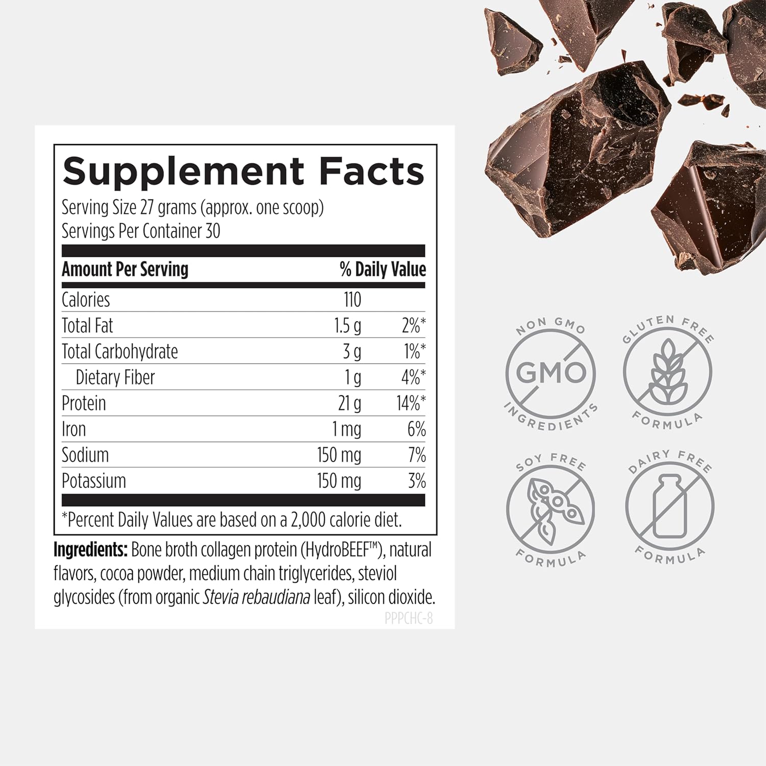 Bone Broth Protein Powder Chocolate supplement facts label