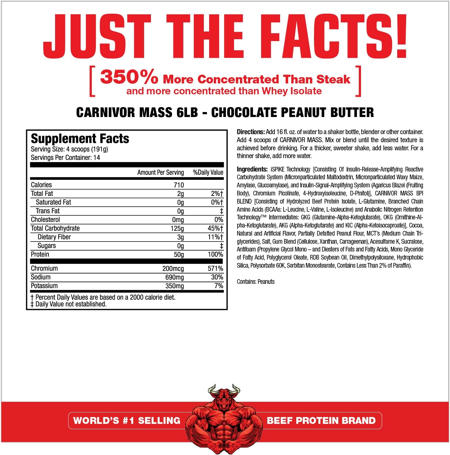 Carnivor Mass Gainer Chocolate Peanut Butter supplement facts label