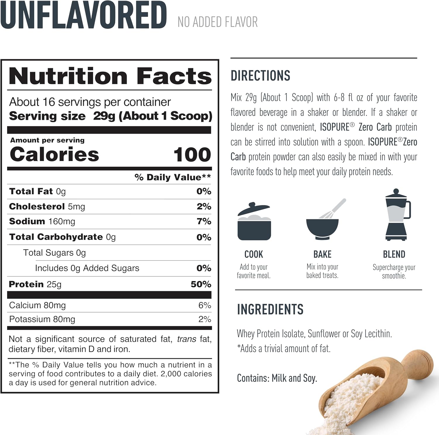 Zero Carb 100% Pure Whey Isolate Protein Powder Unflavored supplement facts label