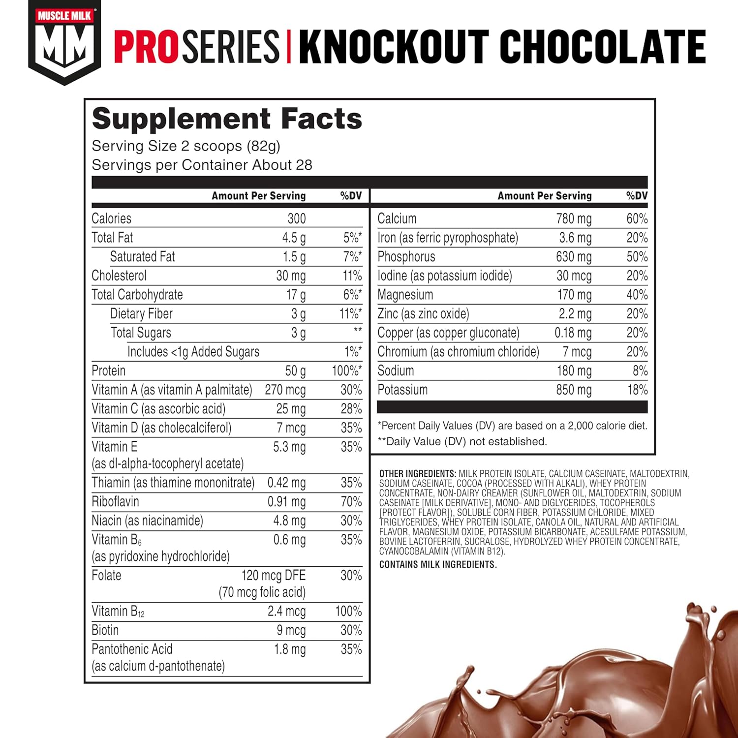Pro Series Protein Powder Supplement Chocolate supplement facts label