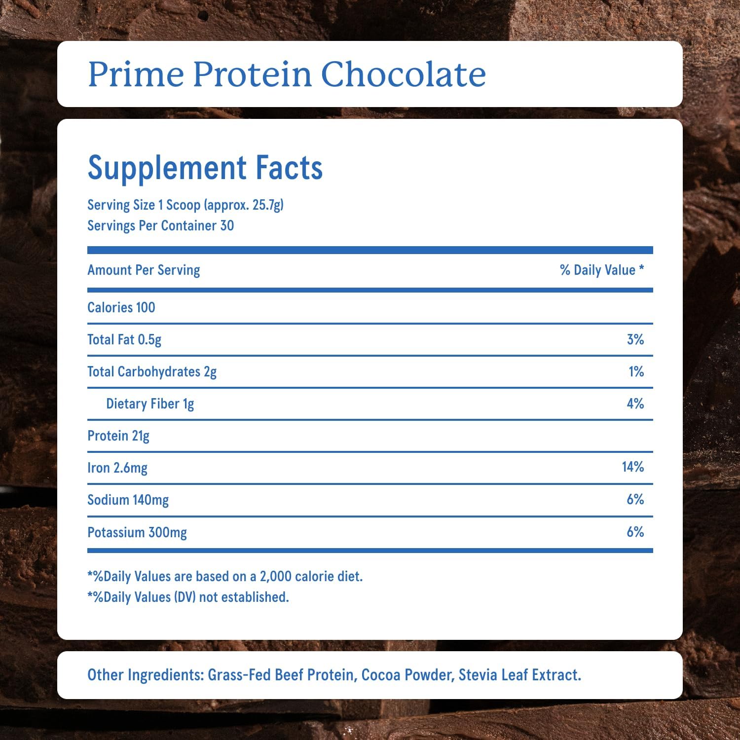 Prime Protein Powder Chocolate supplement facts label