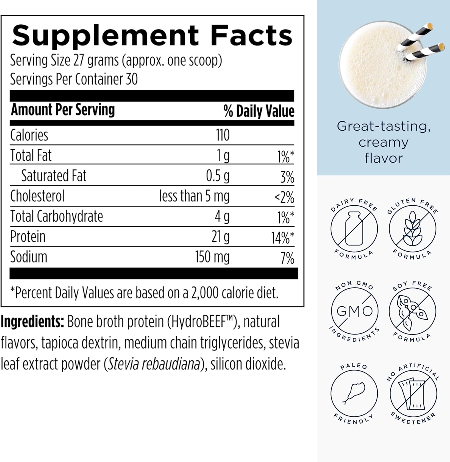 Bone Broth Protein Powder Vanilla supplement facts label