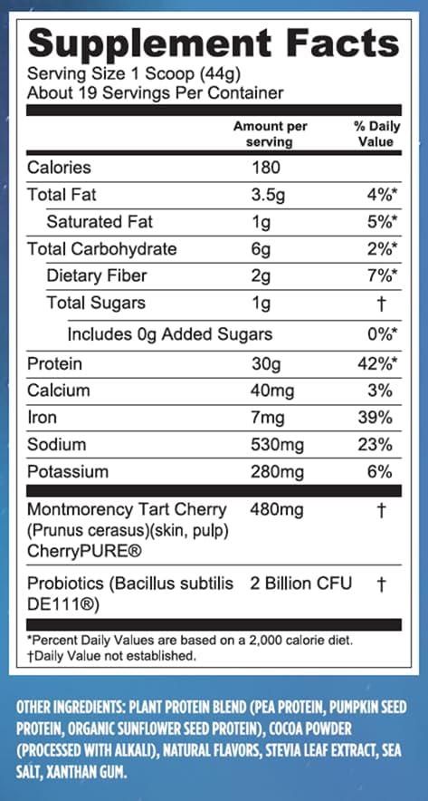 Sport Vegan Protein Powder Chocolate supplement facts label