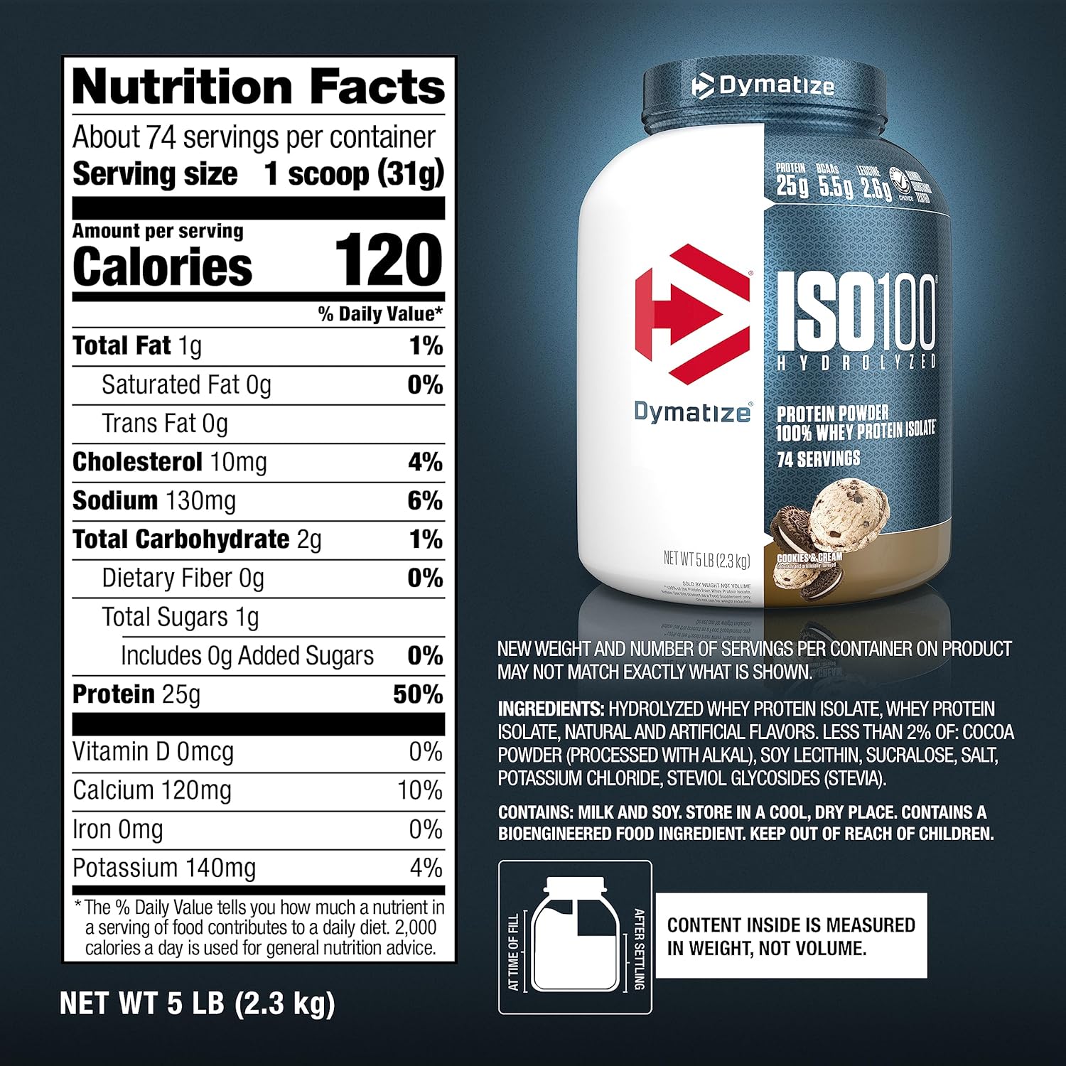 ISO100 Whey Protein Powder Isolate Cookies & Cream supplement facts label