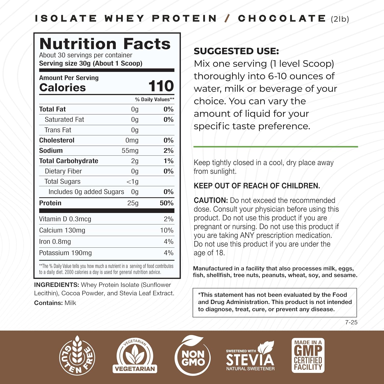 Grass-Fed Whey Protein Isolate Chocolate supplement facts label