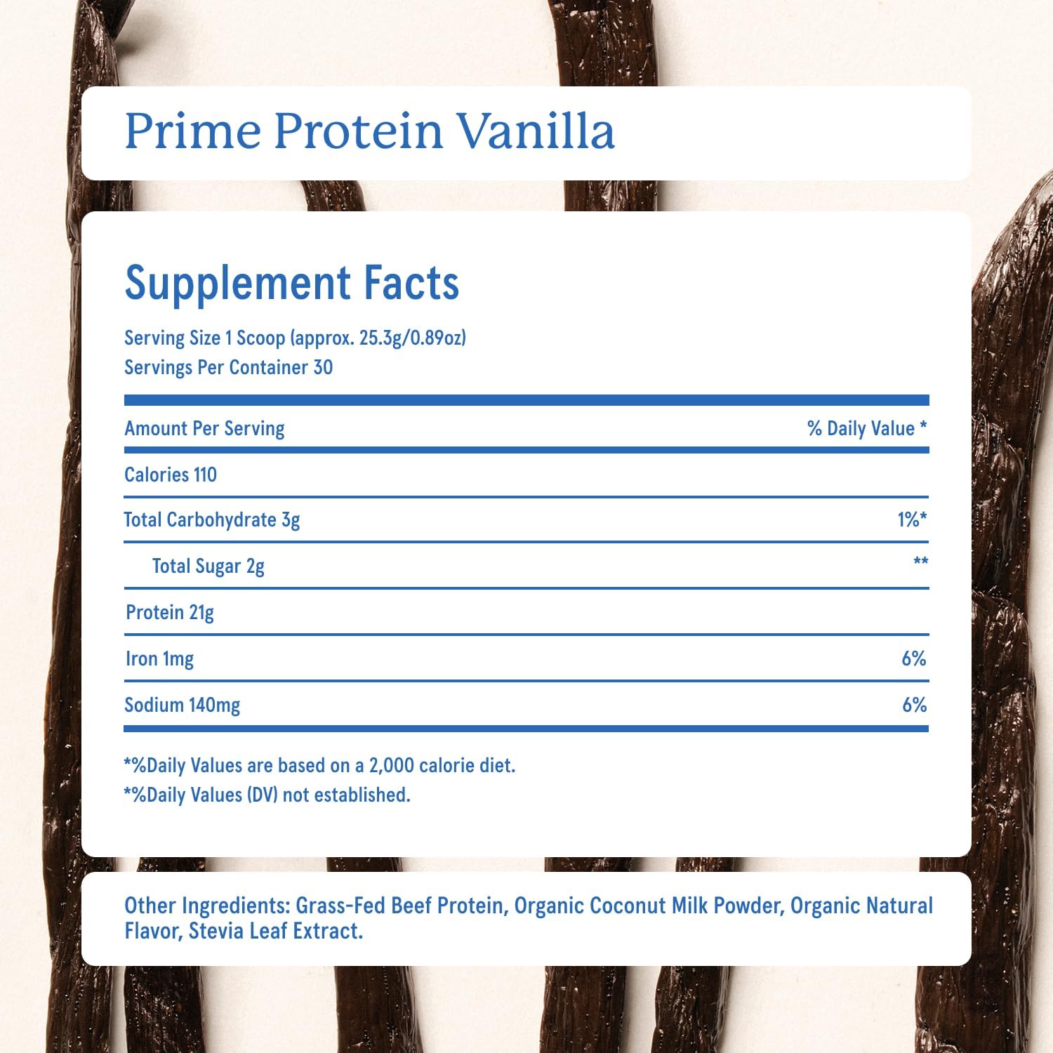Prime Protein Powder Vanilla supplement facts label