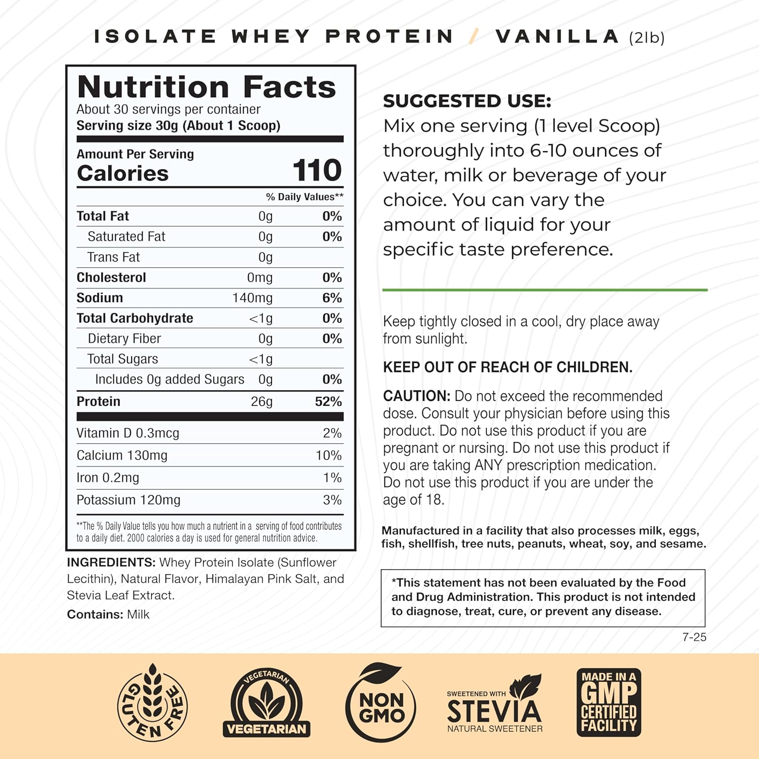 Grass-Fed Whey Protein Isolate Vanilla supplement facts label