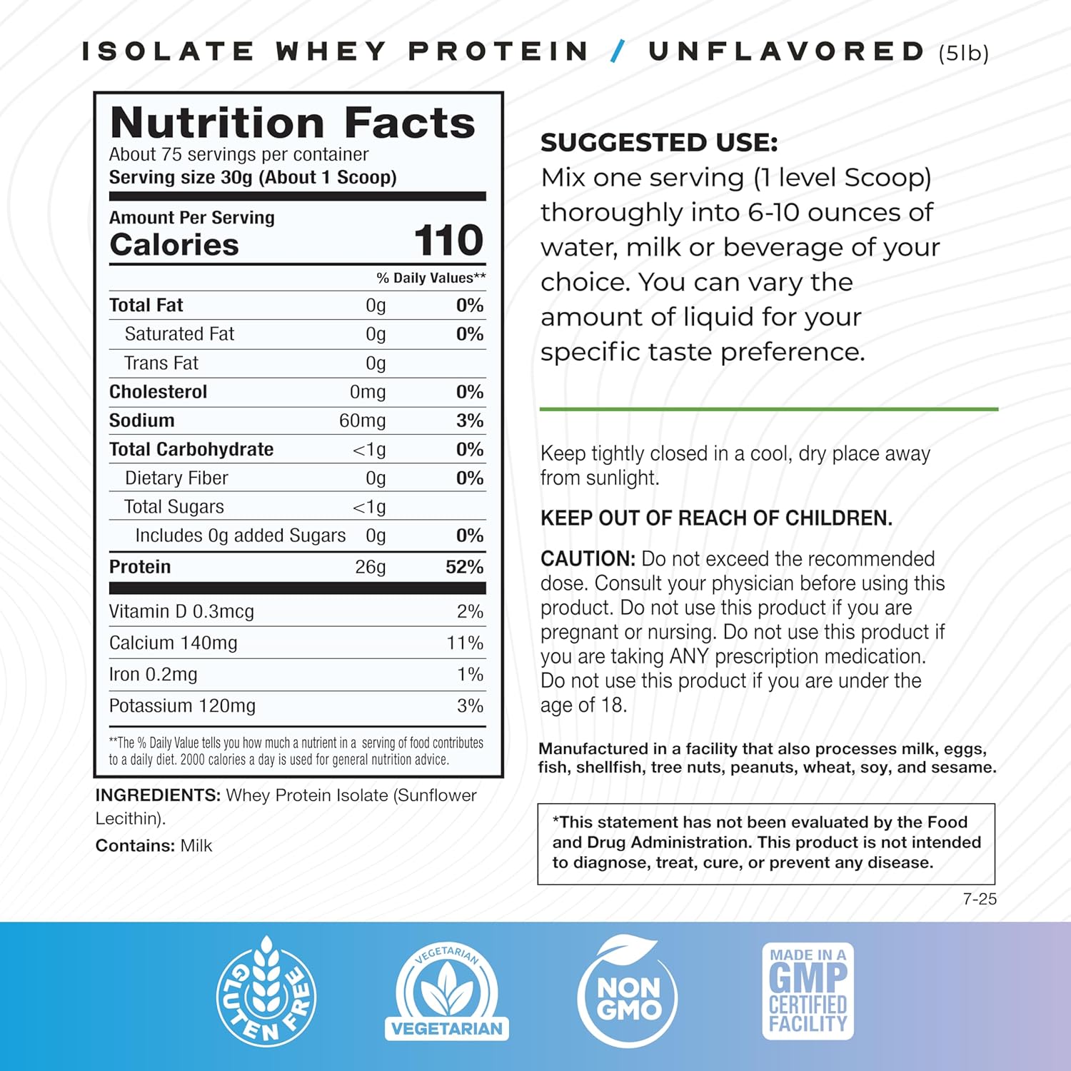 Grass-Fed Whey Protein Isolate Unflavored supplement facts label