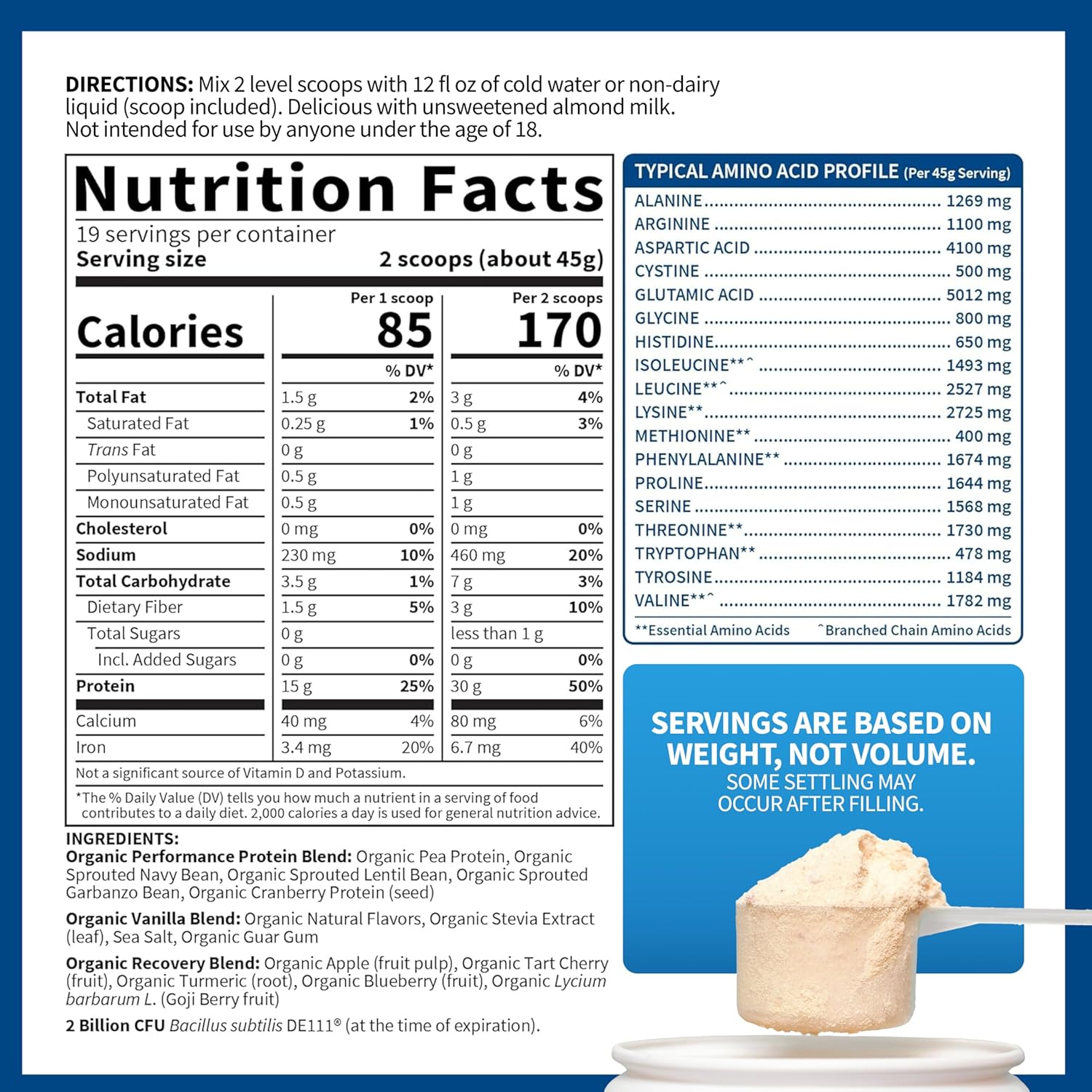 Sport Organic Plant-Based Protein Vanilla supplement facts label