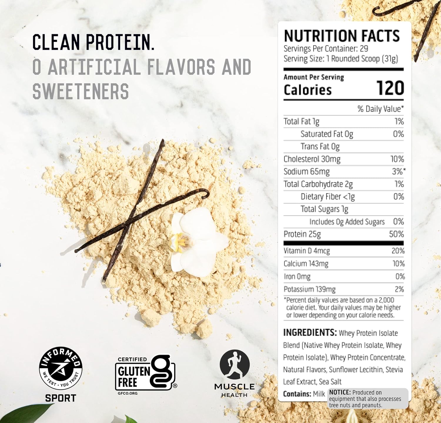 100% Whey Protein Powder Vanilla supplement facts label