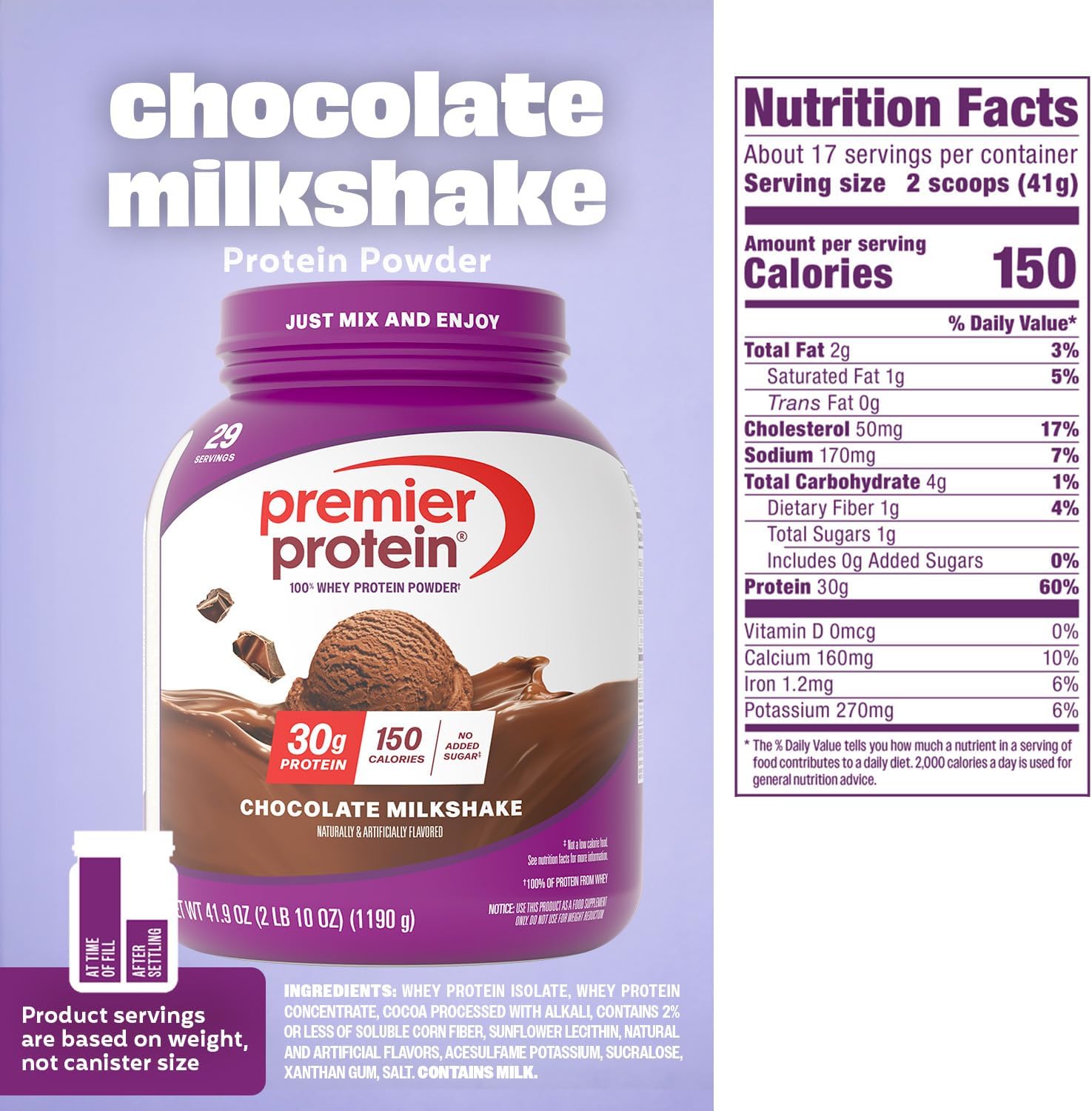 100% Whey Protein Powder Chocolate supplement facts label