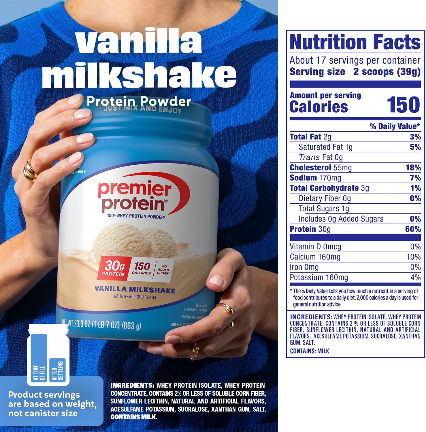100% Whey Protein Powder Vanilla supplement facts label