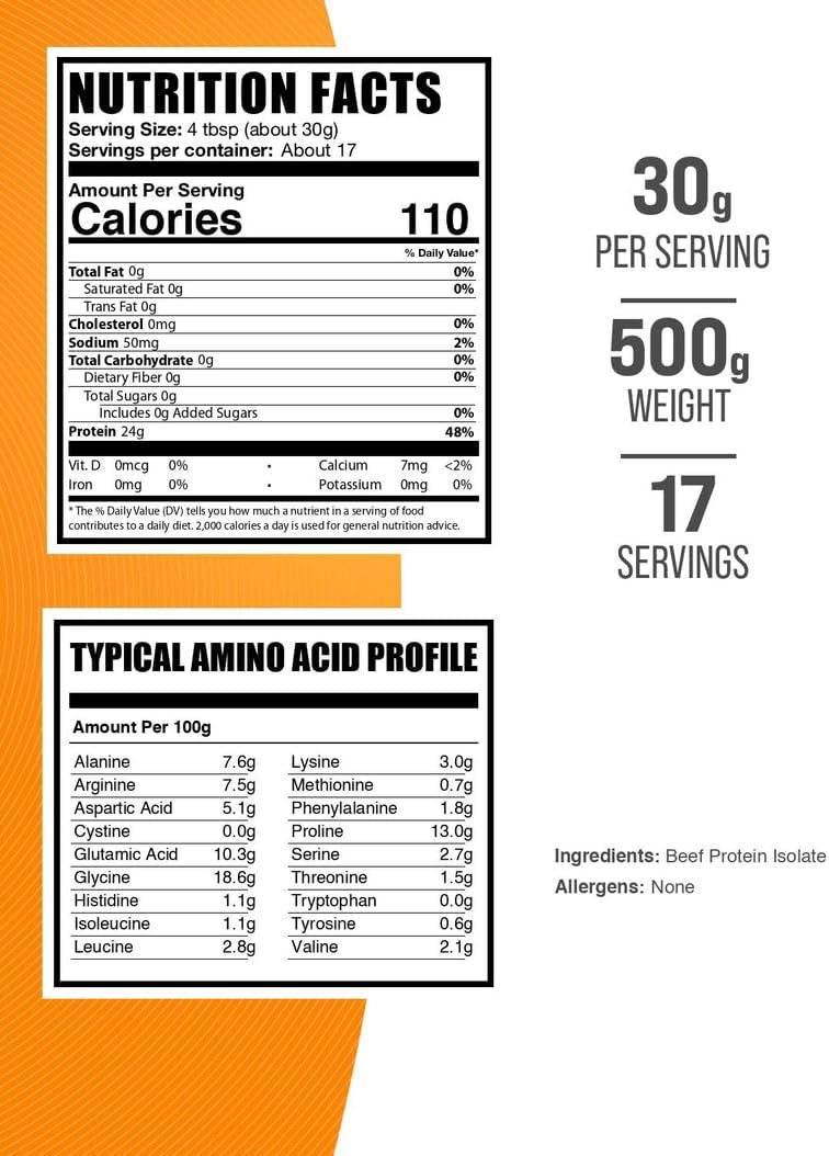 Beef Protein Isolate Powder Unflavored supplement facts label