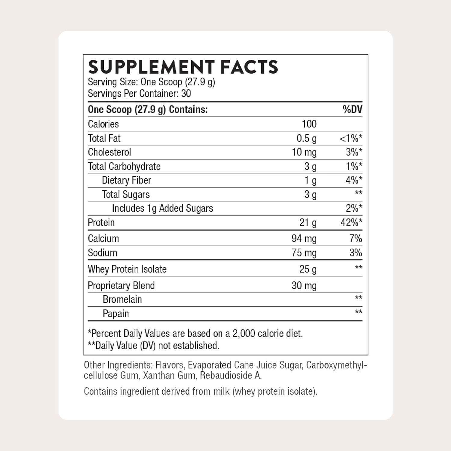 Whey Protein Isolate Vanilla supplement facts label