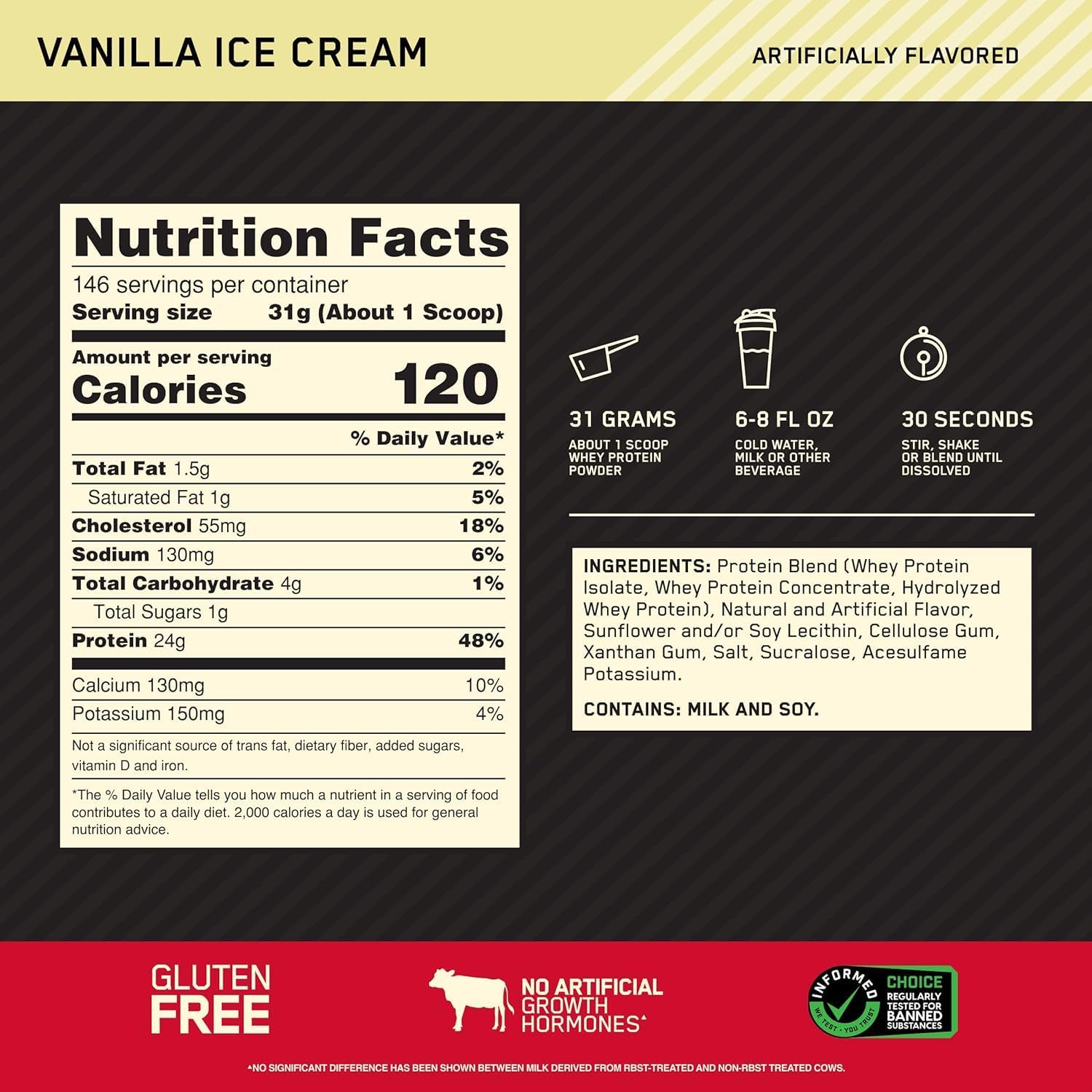 Gold Standard 100% Whey Protein Powder Vanilla Ice Cream supplement facts label
