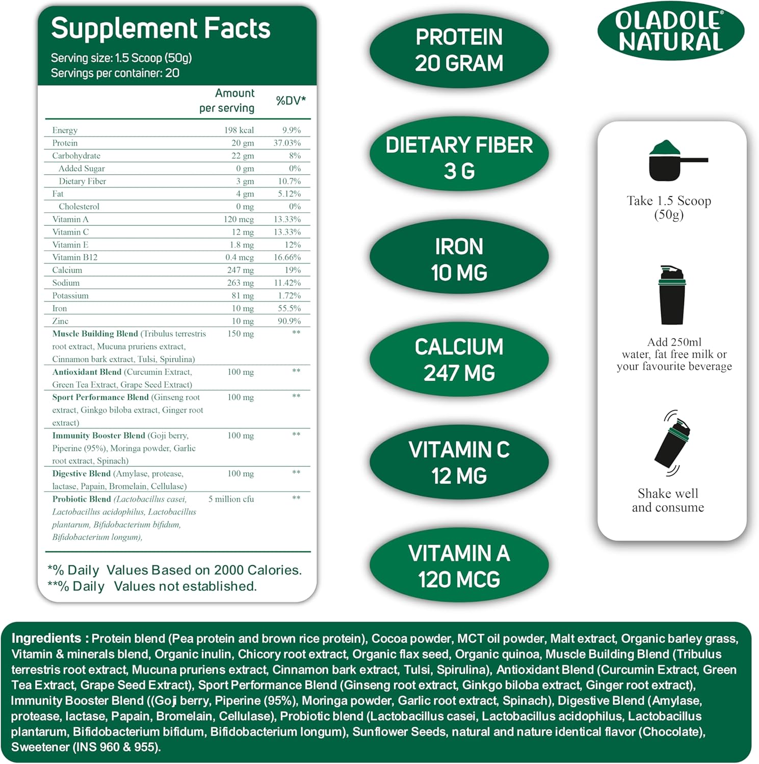 Natural Raw Organic Planted-Based Protein Powder Chocolate Fudge supplement facts label