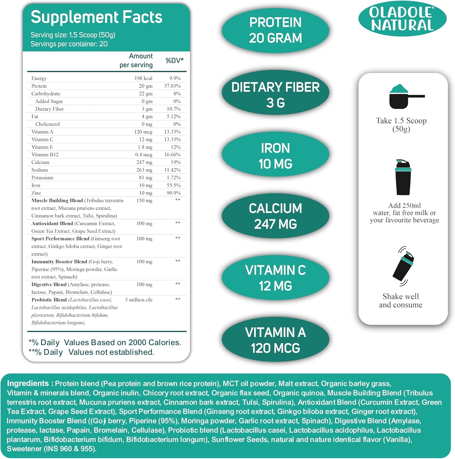 Natural Raw Organic Planted-Based Protein Powder Vanilla supplement facts label