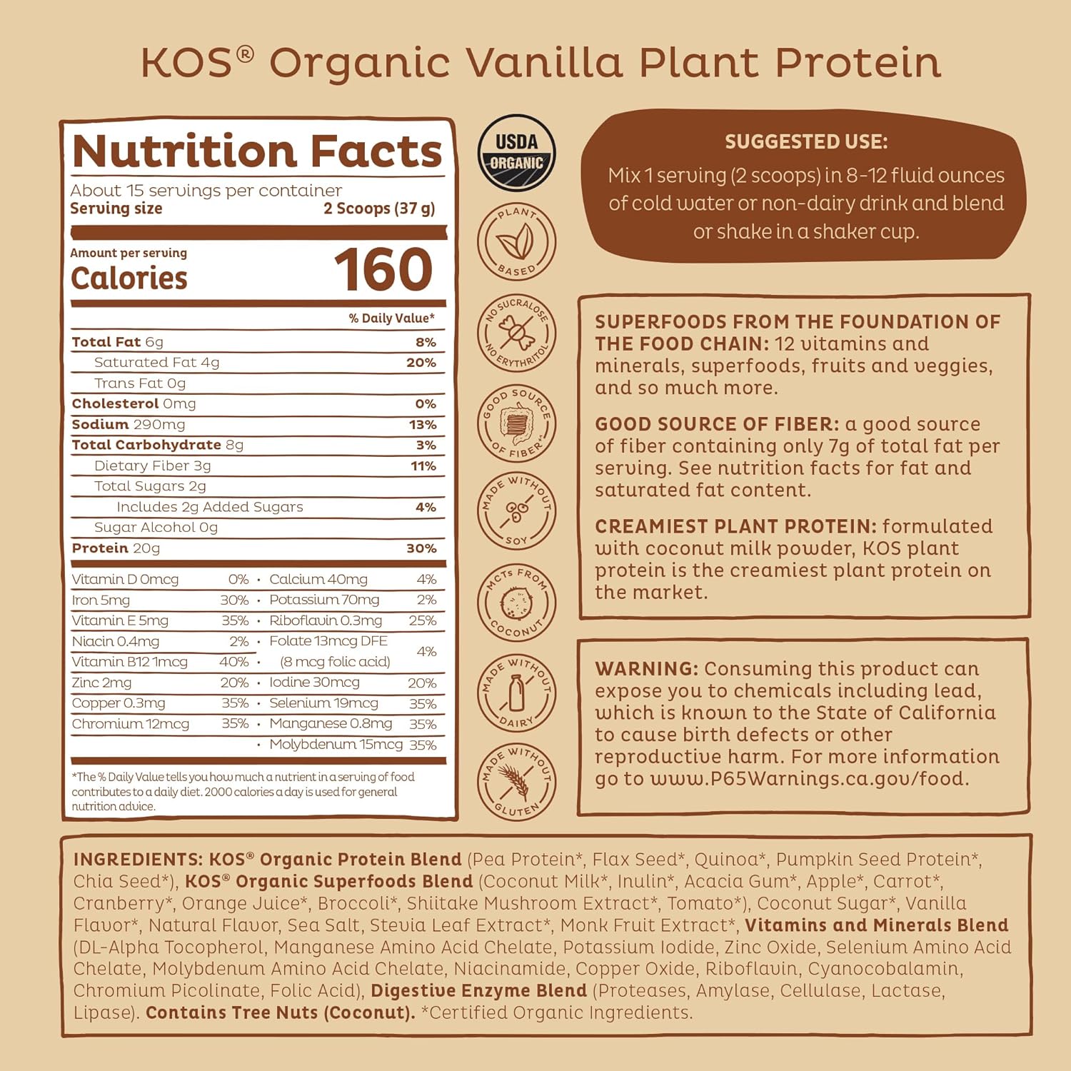 Organic Plant Based Protein Powder Vanilla supplement facts label