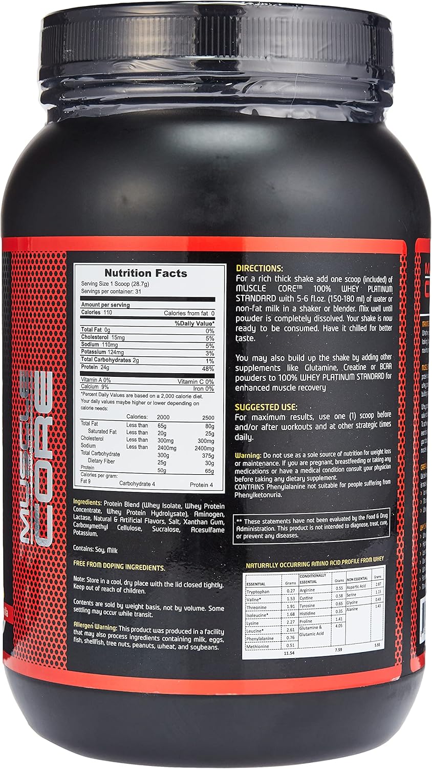 100% Whey Platinum Standard Vanilla supplement facts label