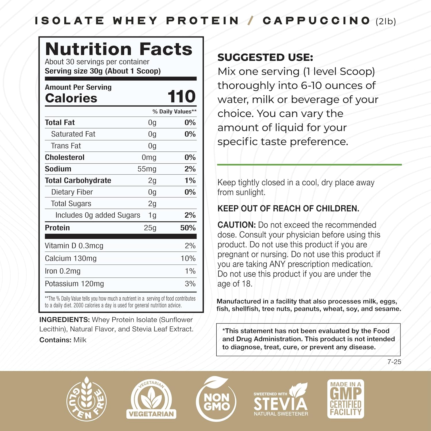 Grass-Fed Whey Protein Isolate Cappuccino supplement facts label