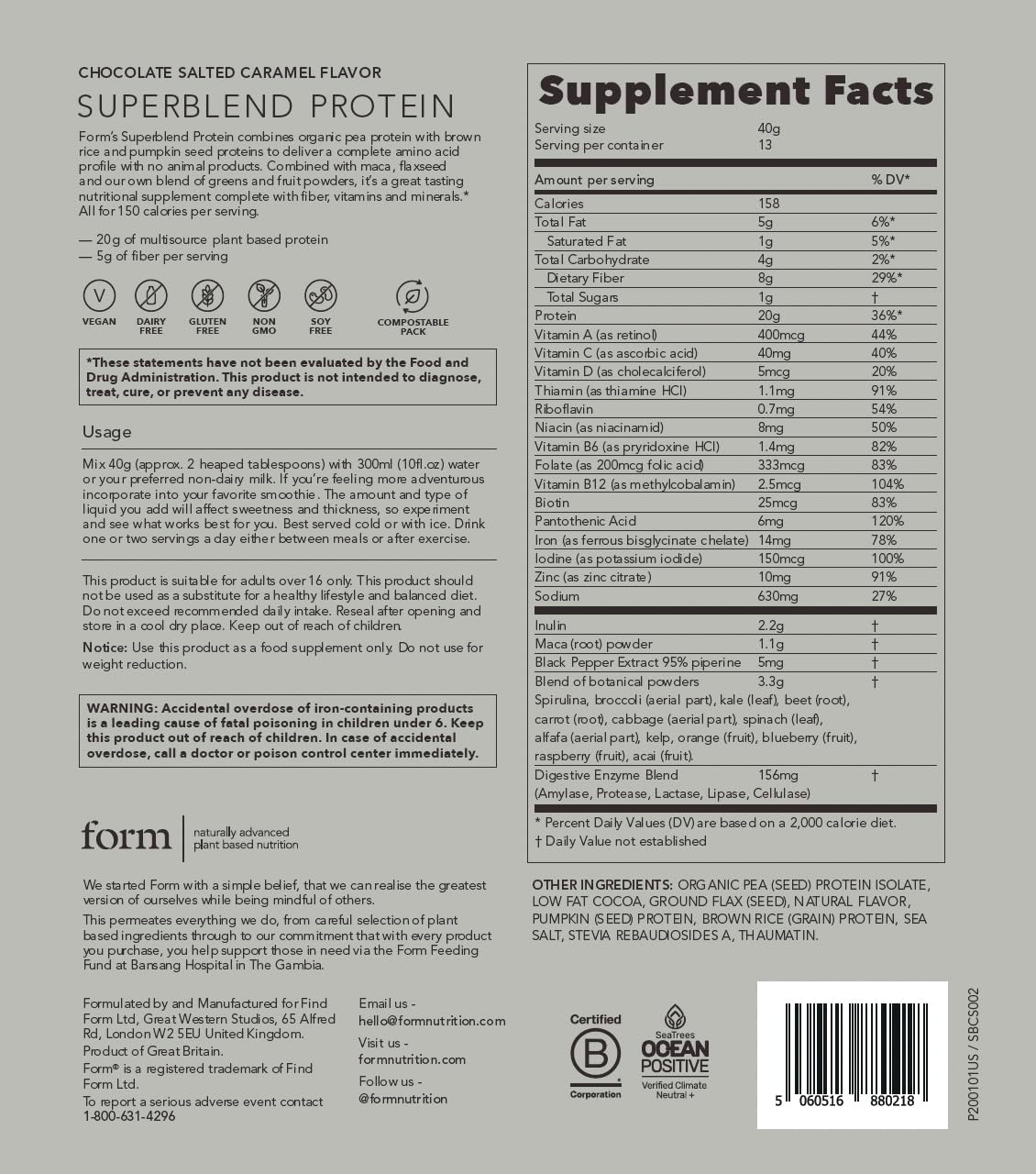 Superblend Protein Vanilla supplement facts label