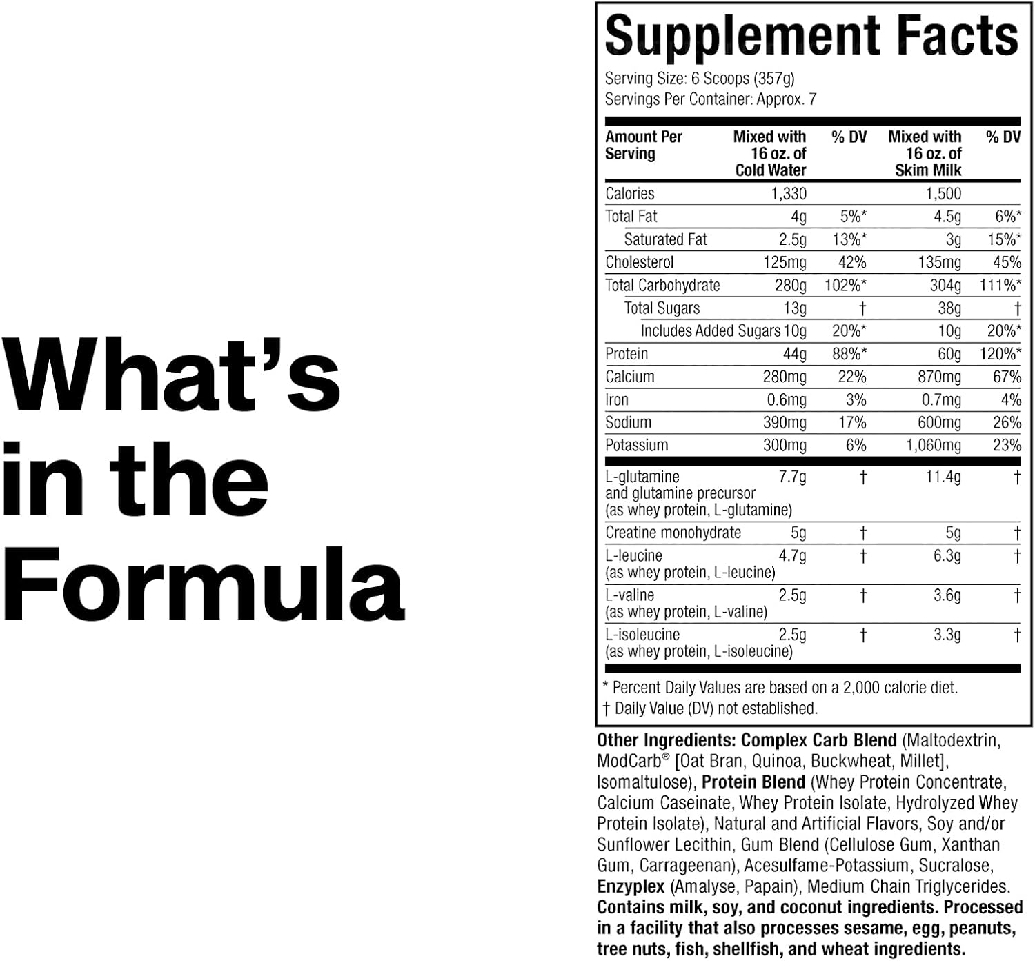 100% Mass Gainer Vanilla supplement facts label
