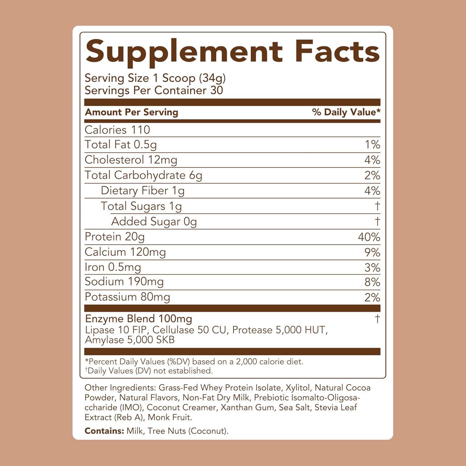 Whey Protein Powder Chocolate Brownie supplement facts label