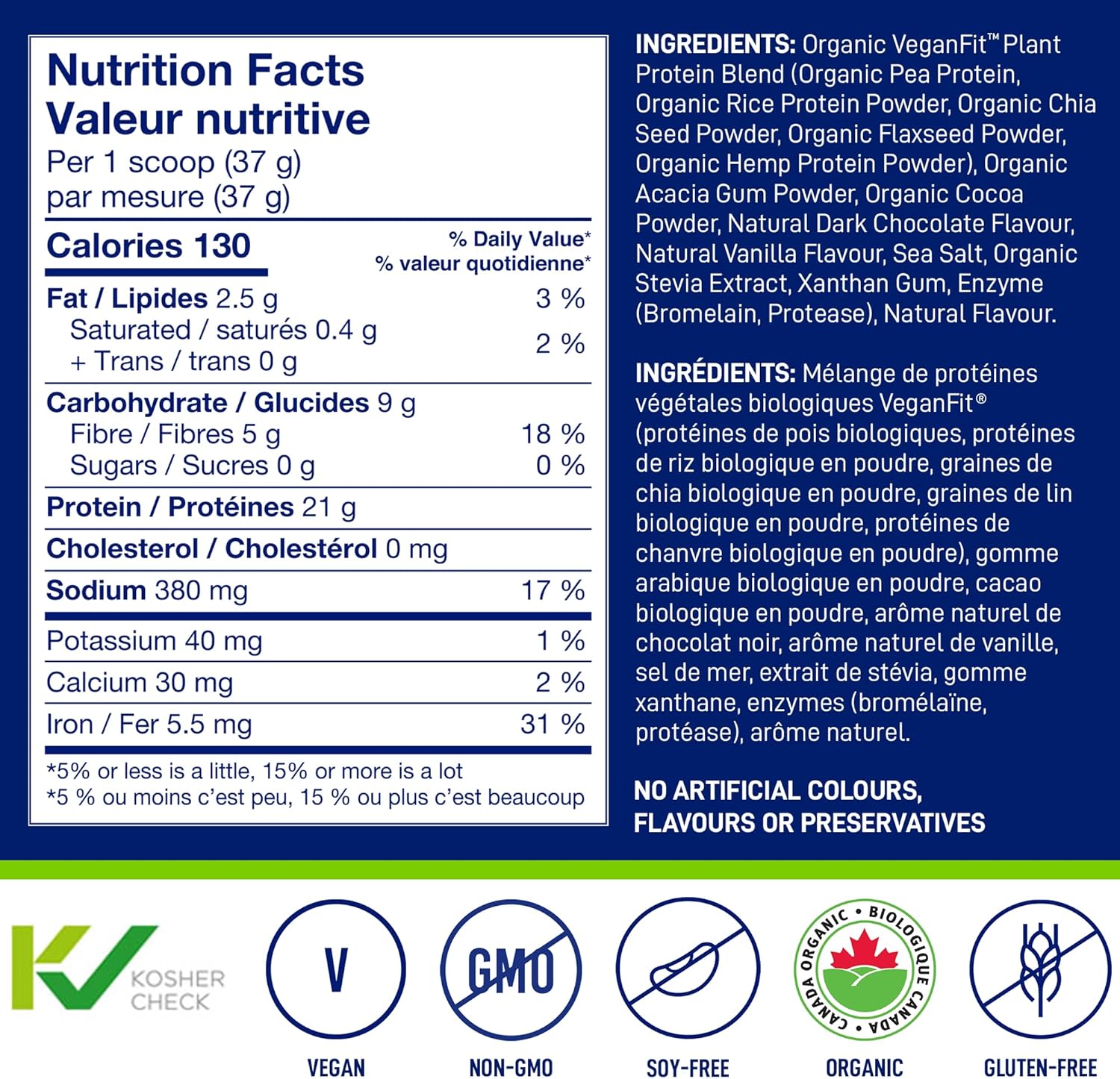 Plant-Based Protein & Greens Chocolate supplement facts label
