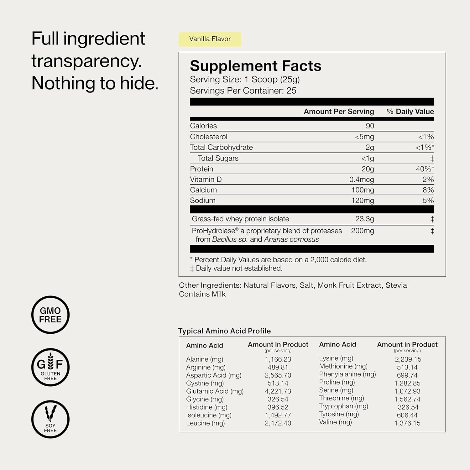Whey Protein Isolate Vanilla supplement facts label