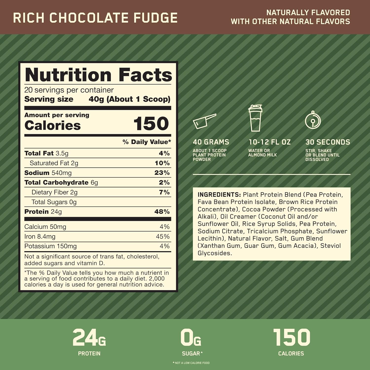 Gold Standard 100% Plant Protein Chocolate Fudge supplement facts label