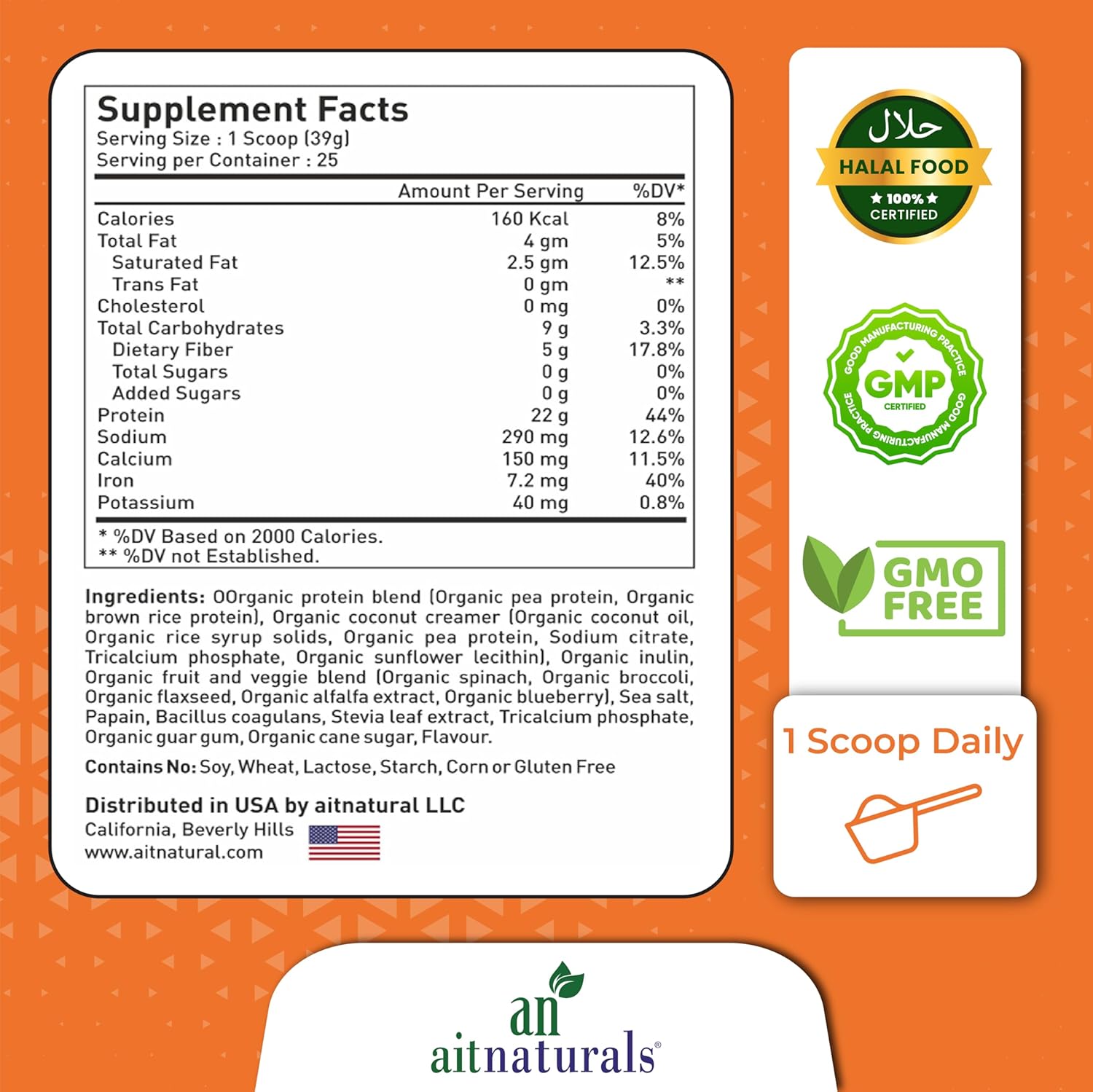 Plant-Based Organic Protein Powder French Vanilla supplement facts label