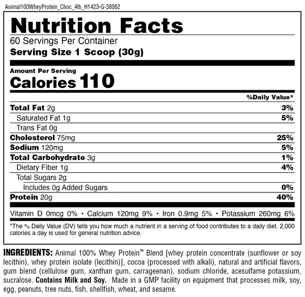 100% Whey Protein Powder Chocolate supplement facts label