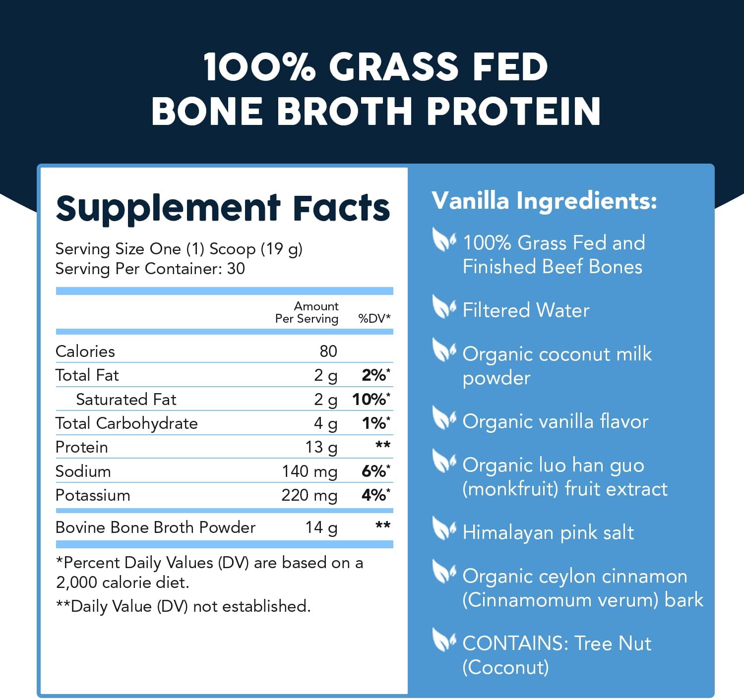 100% Grass Fed Beef Bone Broth Protein Powder Vanilla supplement facts label